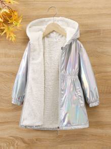 SHEIN Young Girl Holographic Thermal Lined Hooded Coat - Silver - View 1