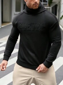 Manfinity BRENVOR Men's Casual Solid Color Letter Embossed Hoodie, Autumn/Winter, Long Sleeve Top - Black - View 6
