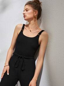 Open Back Tie Waist Capri Jumpsuit - Black - View 7