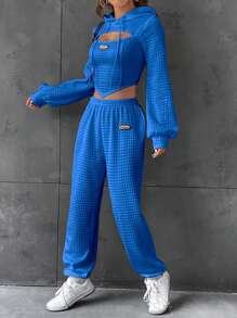 SHEIN EZwear Letter Patched Detail Cutout Drawstring Hoodie & Sweatpants - Blue - View 7