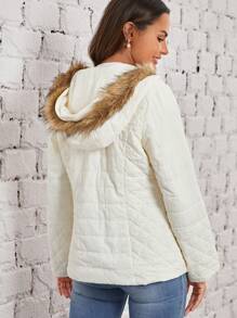 EMERY ROSE Slant Pocket Zip Up Fuzzy Trim Hooded Quilted Coat - Black - View 2