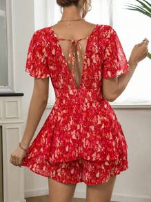SHEIN VCAY Allover Print Butterfly Sleeve Romper - Red - View 2