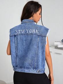 SHEIN EZwear 字母圖案毛邊緣馬甲牛仔夾克 - 中等水洗藍 - 查看 2