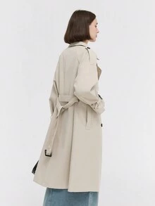 插肩袖肩章設計腰帶風衣外套 - 卡其色 - 查看 4