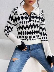 SHEIN Unity Argyle Pattern Half Zip Sweater - Black and White - View 6