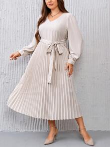 SHEIN Clasi Plus Lantern Sleeve Pleated Hem Belted Dress - Apricot - View 4