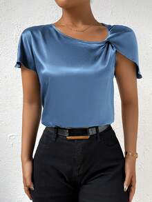 Twist Front Asymmetrical Neck Satin Blouse,Short Sleeve Tops - Blue - View 3