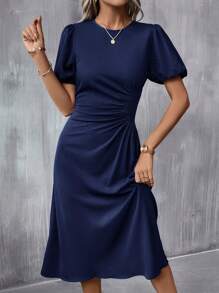 SHEIN Clasi Solid Ruched Puff Sleeve A-line Dress - Navy Blue - View 1