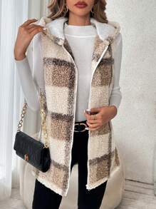 SHEIN Frenchy 1pc Plaid Pattern Hooded Teddy Vest Coat - Khaki - View 3