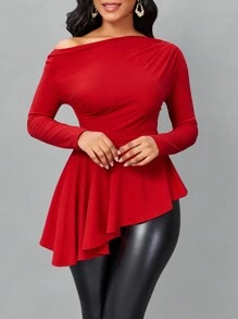 SHEIN Lady 素色不對稱下擺T恤 - 紅色 - 查看 5