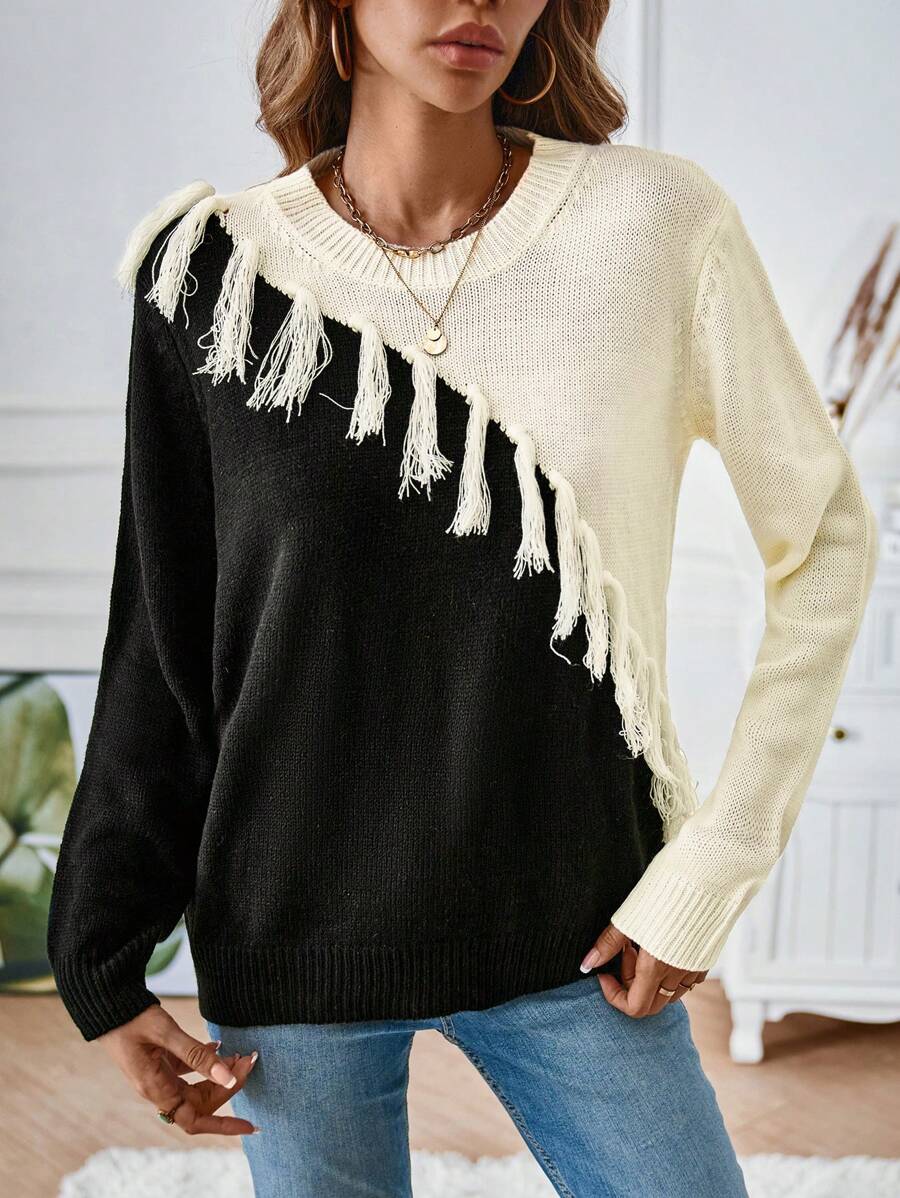 SHEIN LUNE Two Tone Fringe Trim Knit Pullover Fall Winter Sweater - Black and White - View 1