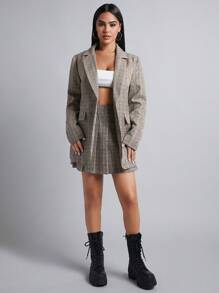 SHEIN PETITE Plaid Print Blazer & Pleated Skirt - Multicolor - View 1