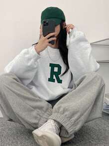 DAZY Letter Graphic Drop Shoulder Pullover,Long Sleeve Tops,Fall Clothes Sweatshirt - Light Grey - View 7