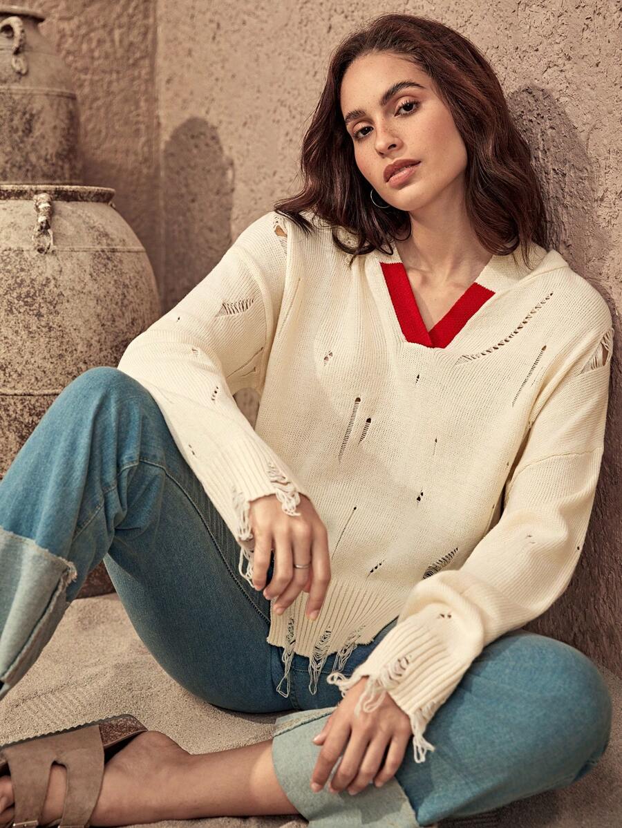 Bohemela 拼接邊落肩袖破洞毛衣