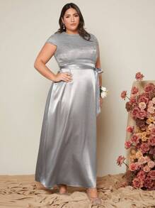 SHEIN Belle Plus Solid Belted Satin Dress - Light Grey - View 1