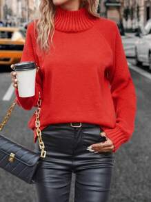 EMERY ROSE High Neck Raglan Sleeve Sweater For New Year Knit Pullover Fall Winter Sweater - Red - View 3
