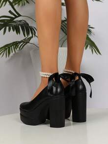 新品到貨女士高跟鞋,雙層防水平台,厚實珍珠細節帶,歐美風格時尚厚底鞋 - 黑色 - 查看 5