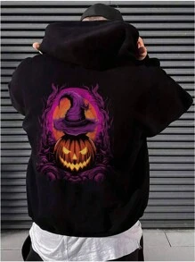 Men's Halloween Pumpkin Print Drawstring Hoodie - Black - View 2