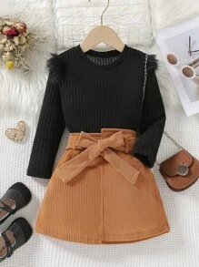 SHEIN Young Girl Fuzzy Trim Tee & Belted Skirt - Black - View 1