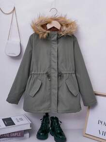 SHEIN 女大童抽繩腰部毛絨飾邊連帽保暖襯里外套 - 軍綠色 - 查看 3