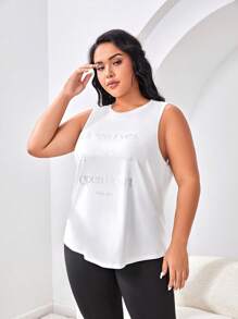 SHEIN Yoga Basic Plus Slogan Graphic Curved Hem Sports Tank Top - White - View 4