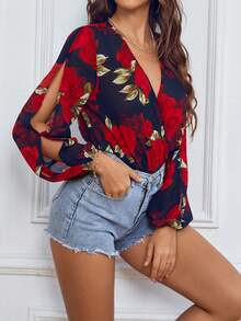 SHEIN LUNE Bộ áo liền quần tay xẻ in hoa - Màu xanh hải quân - Xem 5