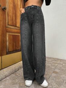 DAZY Jeans de talle alto de pierna ancha - Gris Oscuro - Ver 2