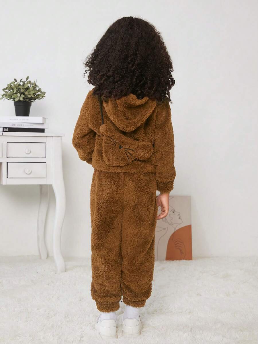 女小童刺繡毛絨帽衫和褲子 - 卡其色 - 查看 1