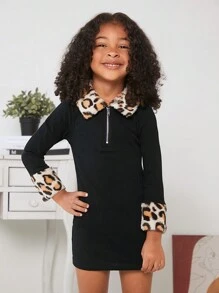 Cô Gái Trẻ In hoa Báo Cổ áo Borg Một nửa khóa kéo Đầm - màu đen - Xem 3