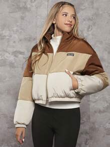 Teen Girl Colorblock Letter Patched Detail Drop Shoulder Padded Coat - Multicolor - View 7