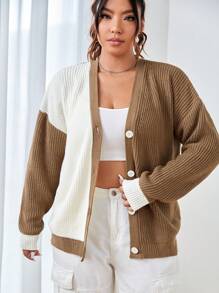 SHEIN EZwear Talla grande Cárdigan de dos tonos de hombros caídos - Marrón - Ver 1