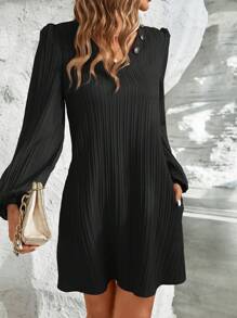 SHEIN LUNE Solid Button Detail V Neck Lantern Sleeve Dress - Black - View 5