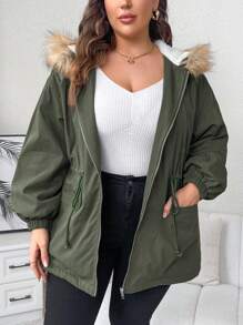 SHEIN LUNE 大碼腰部抽繩毛茸邊連帽派克大衣 - 軍綠色 - 查看 2