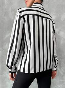SHEIN Cottnline Striped Print Pocket Patched Shirt - Black and White - View 2