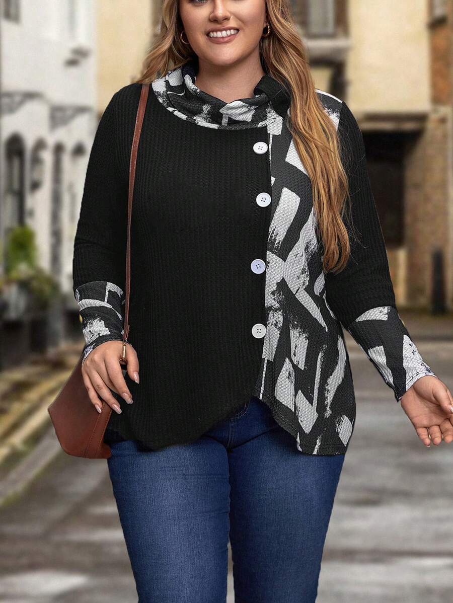 EMERY ROSE Plus Graphic Print Cowl Neck Asymmetrical Hem Tee - Black - View 1