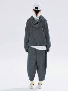 1入組條紋圖案貼布細節拉鏈開襟落肩袖抽繩連帽衫 - 藏蓝色 - 查看 2