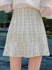 DAZY Plaid Button Front Ruffle Hem Skirt,Back To School Clothes Fall,Winter - White - View 2