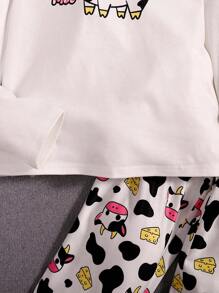 SHEIN Tween 女孩針織牛印花 T 恤和褲子家居服套裝 - 白色 - 查看 4