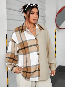 SHEIN EZwear 大碼格紋印花落肩袖外套 - 卡其色 - 查看 5