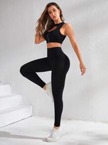 鏤空拉鏈開襟運動套裝 - 黑色 - 查看 4