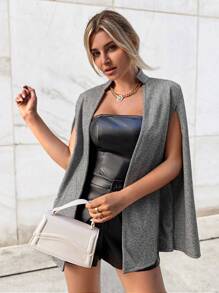 SHEIN Privé Cloak Sleeve Open Front Overcoat - Grey - View 7