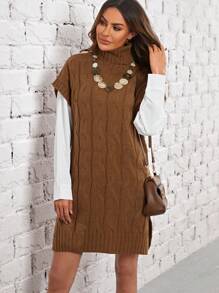 EMERY ROSE 1入組高領後紐扣下擺開叉毛衣洋裝 - 棕色 - 查看 4