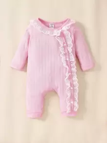 SHEIN Baby Girl 12pcs Contrast Lace Ruffle Trim Bodysuit & Hat & Shoes & Gloves