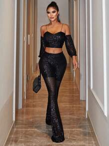 EURMUSE Cold Shoulder Sequin Crop Top & Flare Leg Pants - Black - View 4