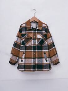 SHEIN Tween Girl Plaid Flap Pocket Drop Shoulder Overcoat