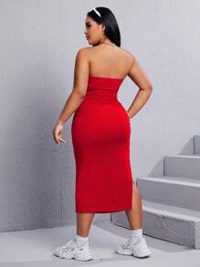 SHEIN EZwear 大碼高衩抹胸緊身連衣裙 - 紅色 - 查看 3