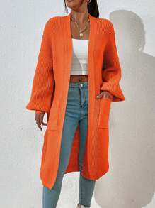 EMERY ROSE 双口袋落肩开衫，女士深秋休闲口袋主教袖超大橙色纯色女士开衫，休闲日常穿着