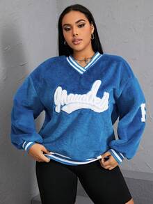 SHEIN EZwear 加字母刺繡落肩泰迪衛衣 - 藍色 - 查看 3