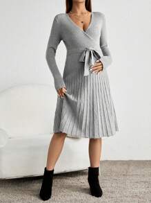 SHEIN Maternity Surplice Neck Belted Sweater Dress, For Winter - Grey - View 3