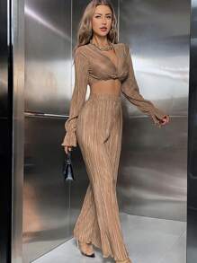 SHEIN Privé Twist Front Crop Top & Flare Leg Pants - Khaki - View 5